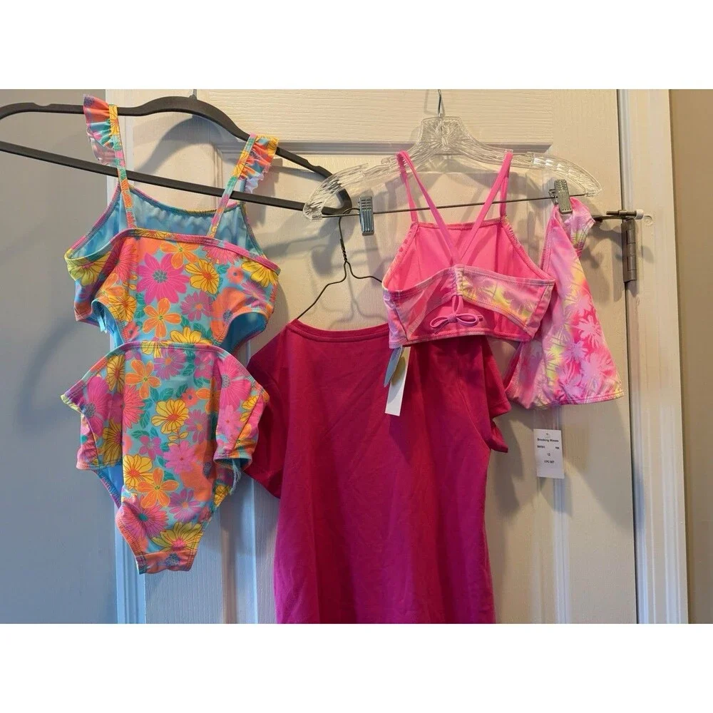 Two Girls Swimsuits Breaking Waves Size 12 & One Large Crown & Ivy Pink Shirt